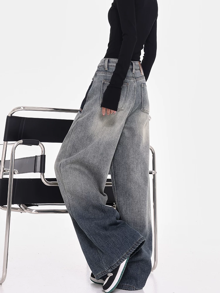 Quần jeans ống rộng màu xanh retro lót lông cừu mùa thu đông KEN STUDIO2025 dành cho nữ, thiết kế thời trang, quần dài cạp cao xước kiểu dáng hiện đại