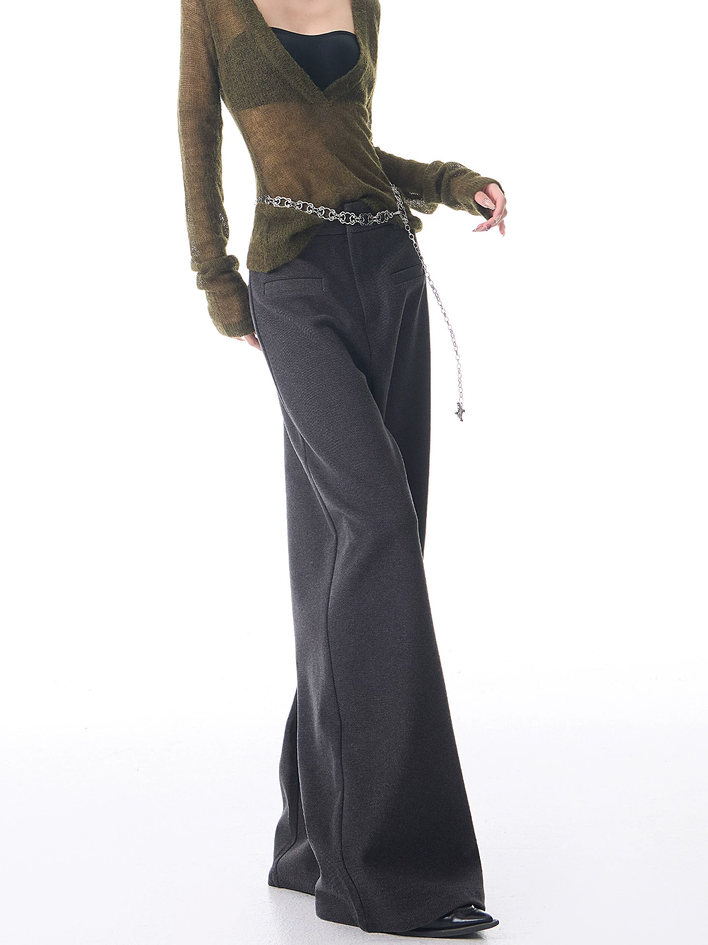 KEN STUDIO quần âu ống rộng bằng len dày mới mùa thu đông dành cho nữ, quần dài dáng rộng màu xám.