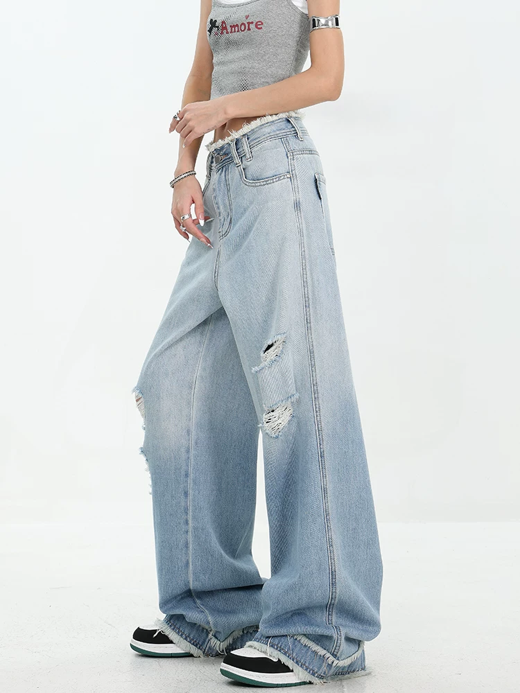 Quần jean rách màu xanh mùa hè của KEN STUDIO dành cho nữ với thiết kế viền xù và quần dài xếp nếp