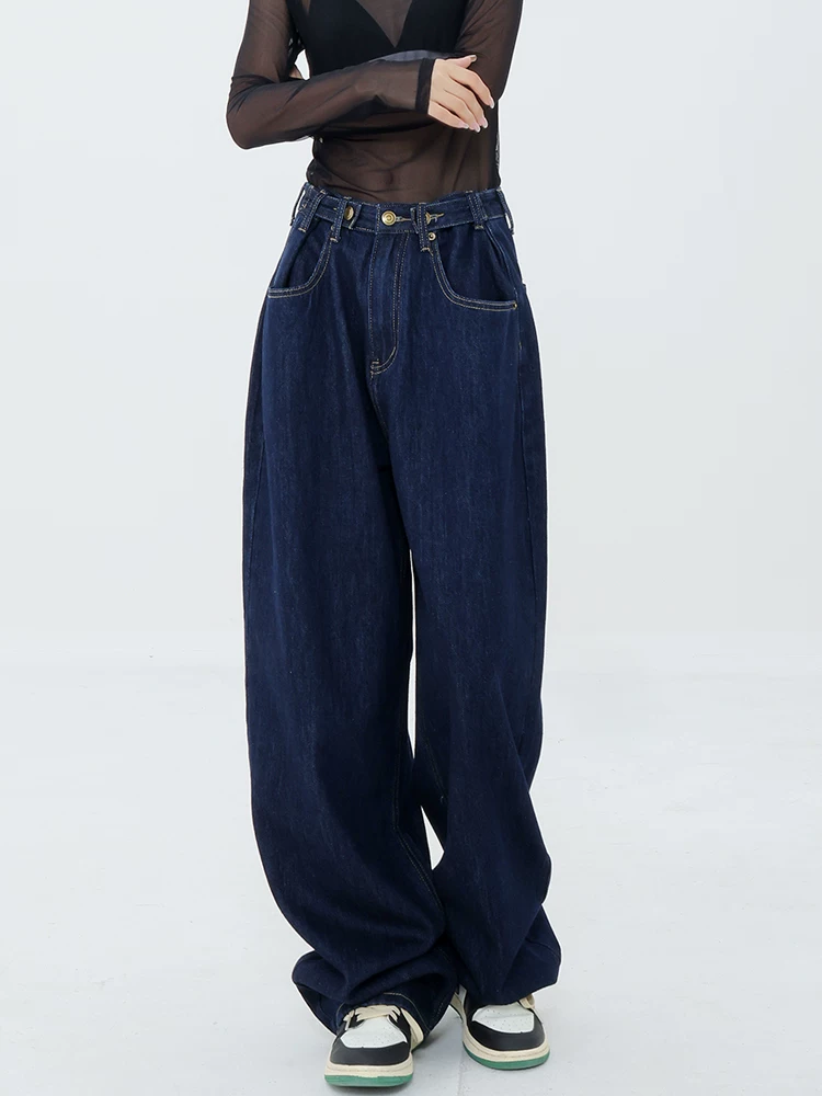 Quần jean ống đứng màu xanh đậm mùa xuân thu của KEN STUDIO dành cho phụ nữ cao, quần dài, quần cạp thấp và quần cạp cao.