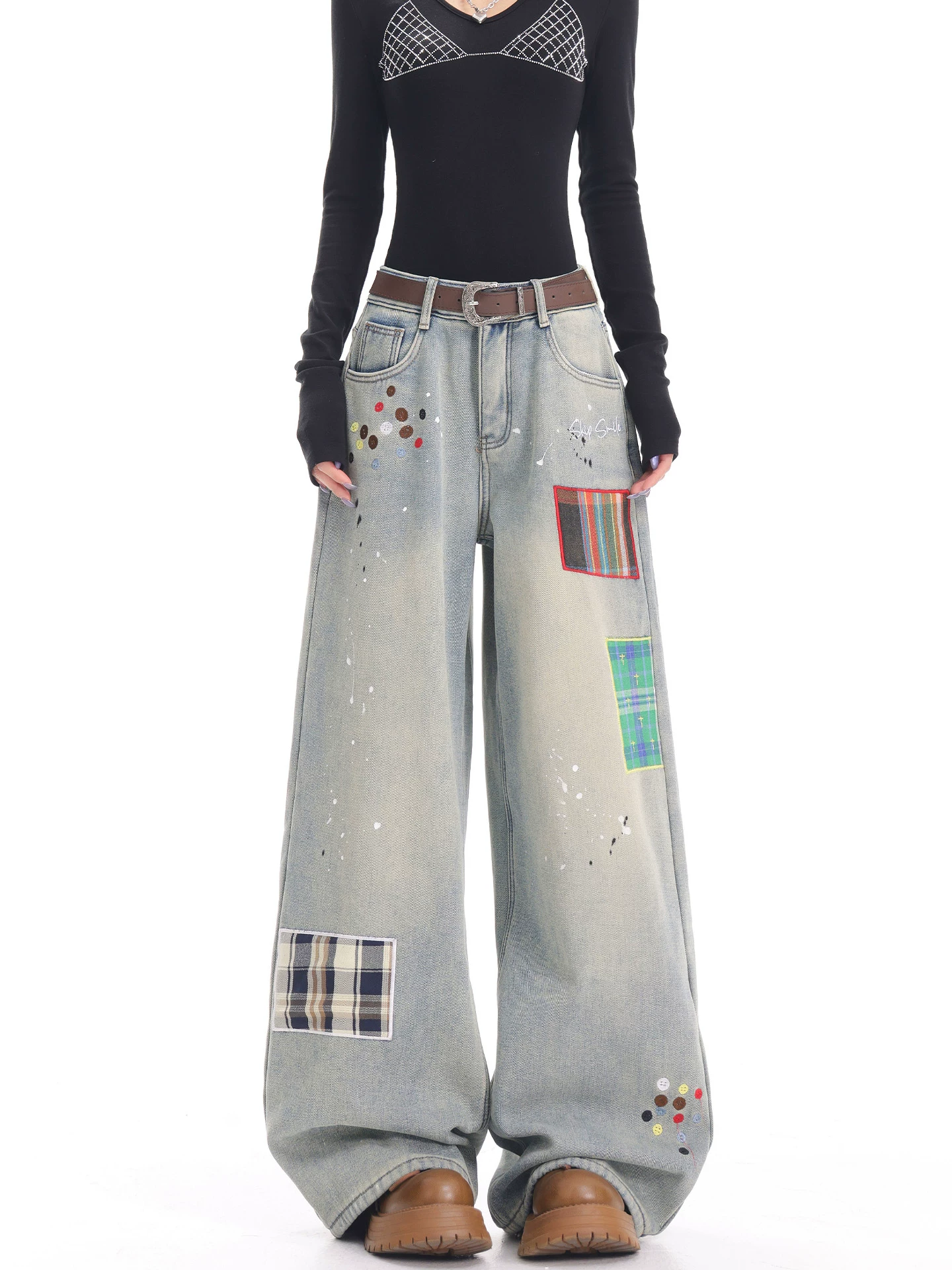 KEN STUDIO quần jean thêu chắp vá màu xanh cổ điển mới mùa thu đông dành cho nữ, quần ống rộng dày và lót lông cừu.