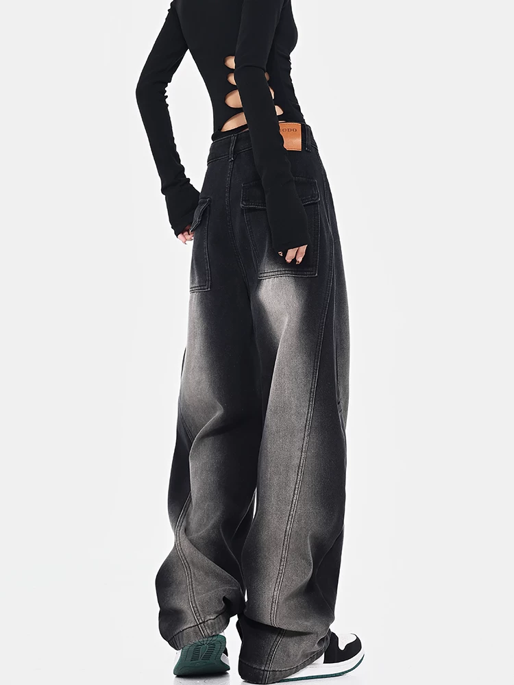 Quần jean kiểu cổ điển KEN STUDIO dành cho nữ, quần ống rộng dáng rộng lót lông cừu mùa thu đông, quần hình liềm, quần dài đến sàn