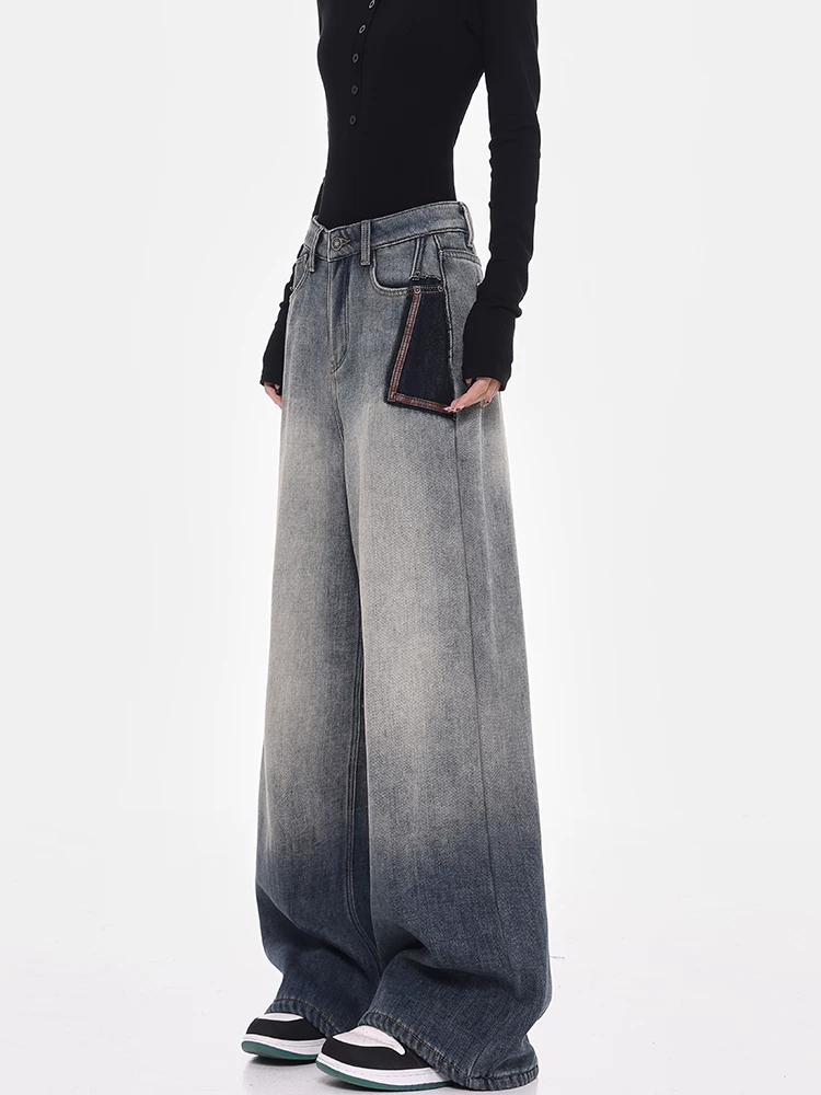 Quần jeans ống rộng màu xanh retro lót lông cừu mùa thu đông KEN STUDIO2025 dành cho nữ, thiết kế thời trang, quần dài cạp cao xước kiểu dáng hiện đại