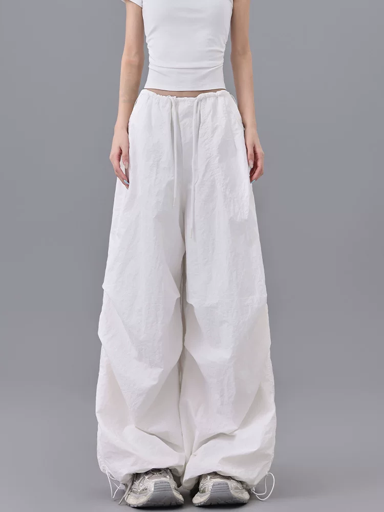 KEN STUDIO quần dài xếp ly dây rút phong cách đường phố mùa hè của Mỹ dành cho nữ, quần jogger ống rộng thoáng khí lưng cao dành cho nữ