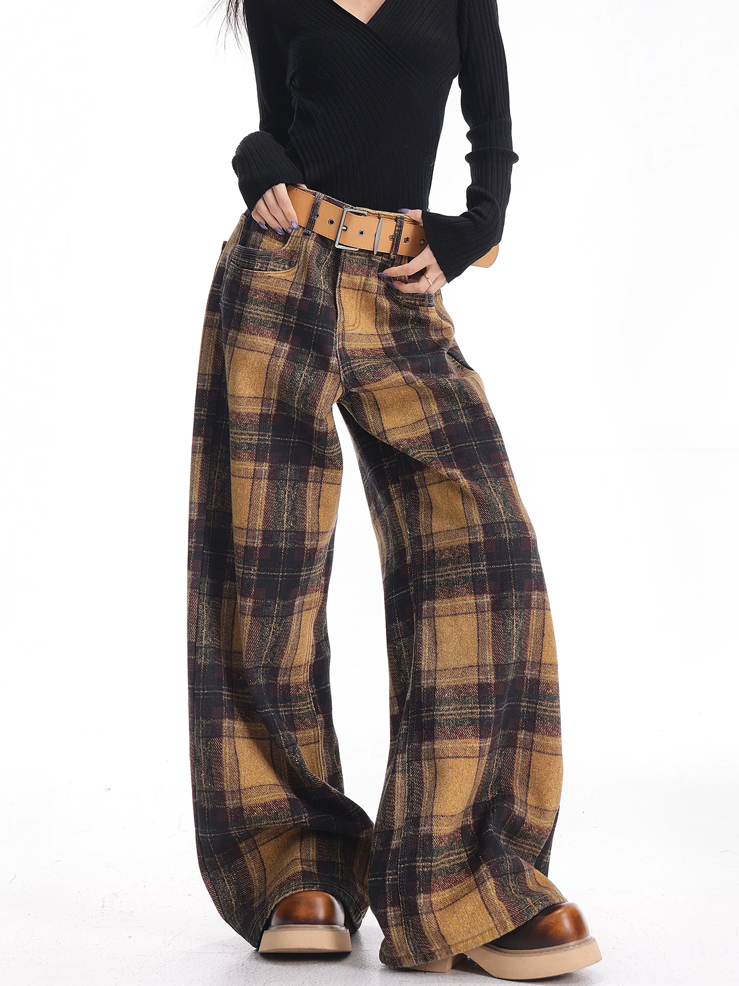 KEN STUDIO quần jean kẻ sọc lót lông màu vàng mới mùa thu đông dành cho nữ, quần ống rộng đa năng theo phong cách retro Mỹ