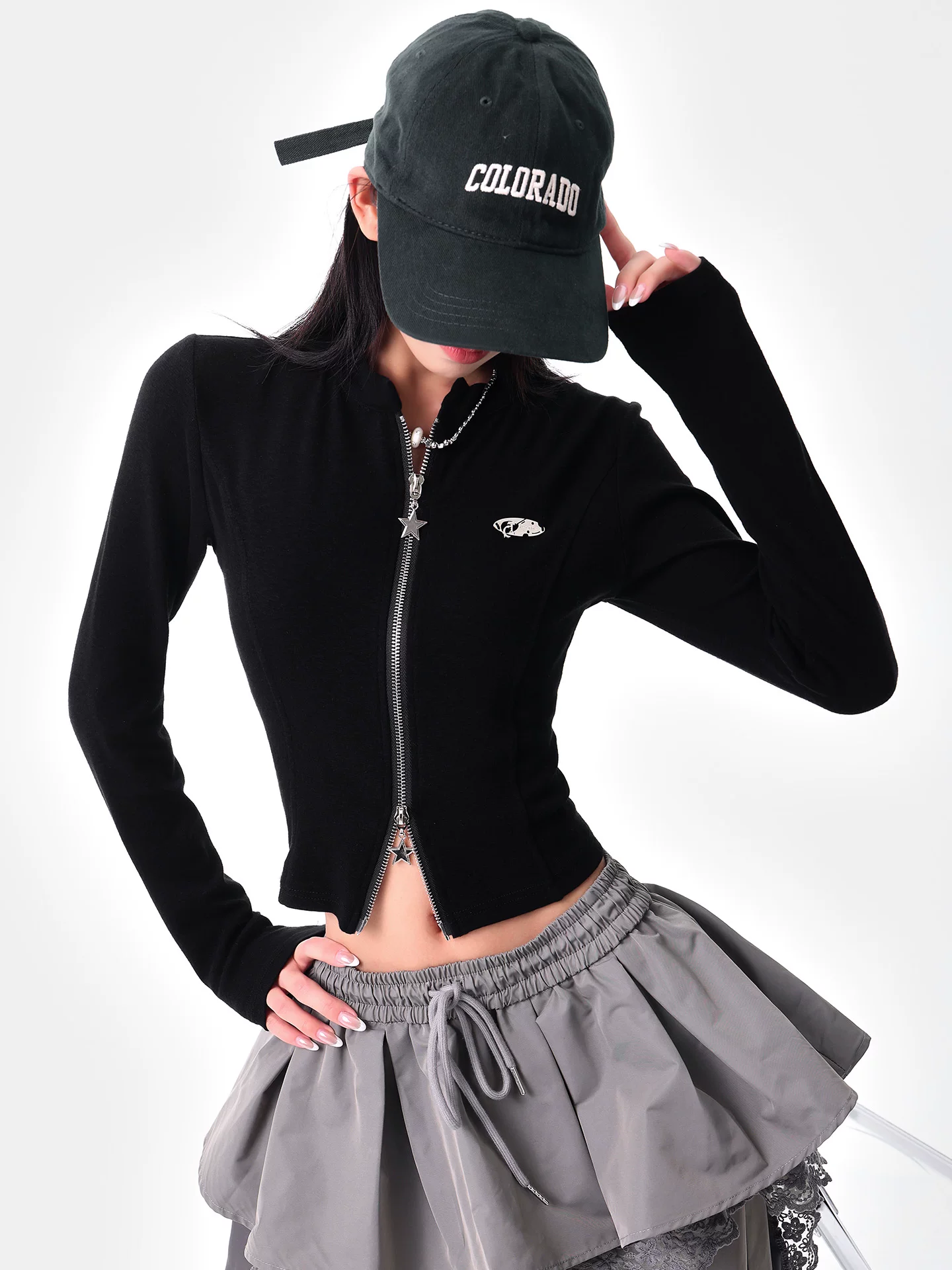 KEN STUDIO Áo thun dài tay cổ tròn có khóa kéo đôi mùa thu mới dành cho nữ, áo cardigan thiết kế dáng ôm vừa vặn thông thường