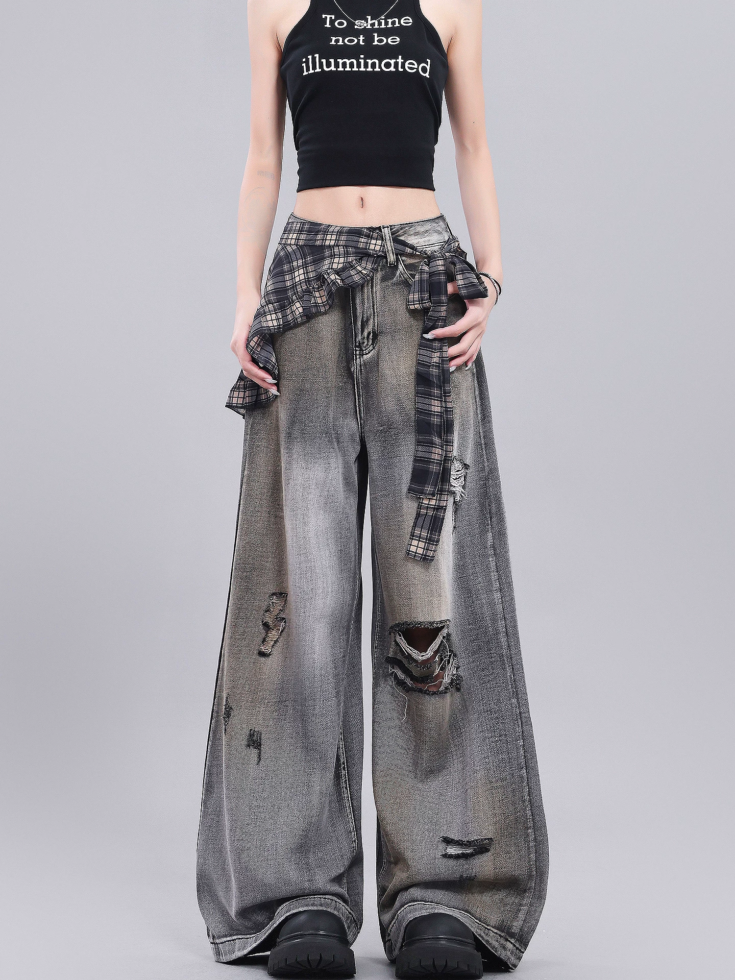 KEN STUDIO Quần jean rách kiểu cổ điển của Mỹ dành cho nữ, quần ống rộng kẻ sọc mùa hè mới.