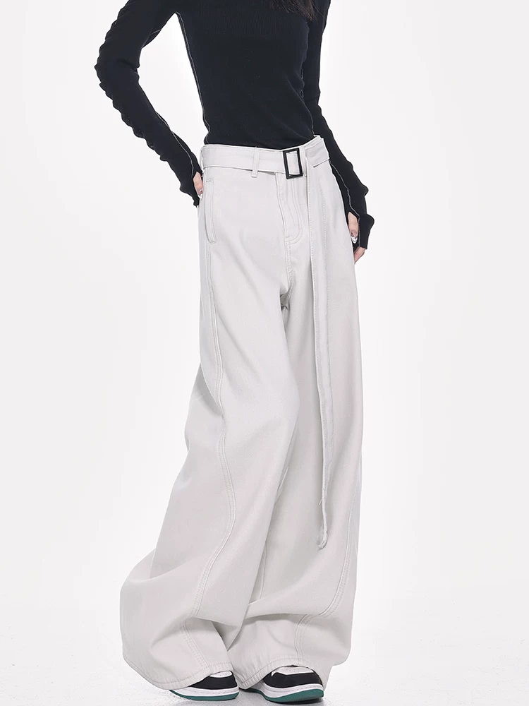 Quần jeans ống đứng thiết kế thắt lưng trắng kiểu mới Xuân Thu của KEN STUDIO dành cho nữ, cạp cao, dáng rộng, tôn dáng