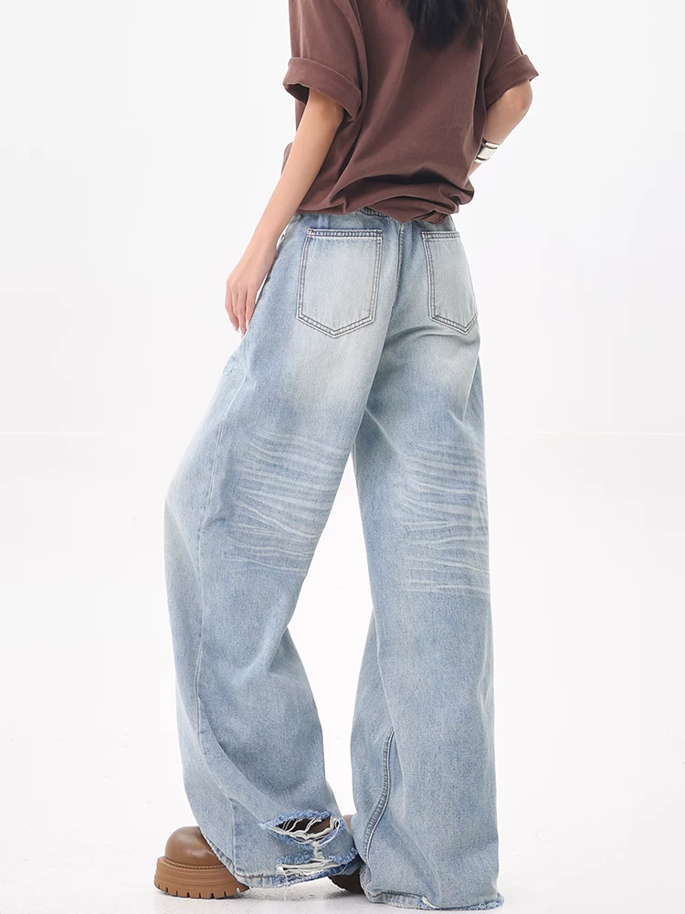 KEN STUDIO Quần jean ống thẳng màu xanh cổ điển của Mỹ dành cho nữ, quần ống rộng cạp cao giảm béo mùa hè mới