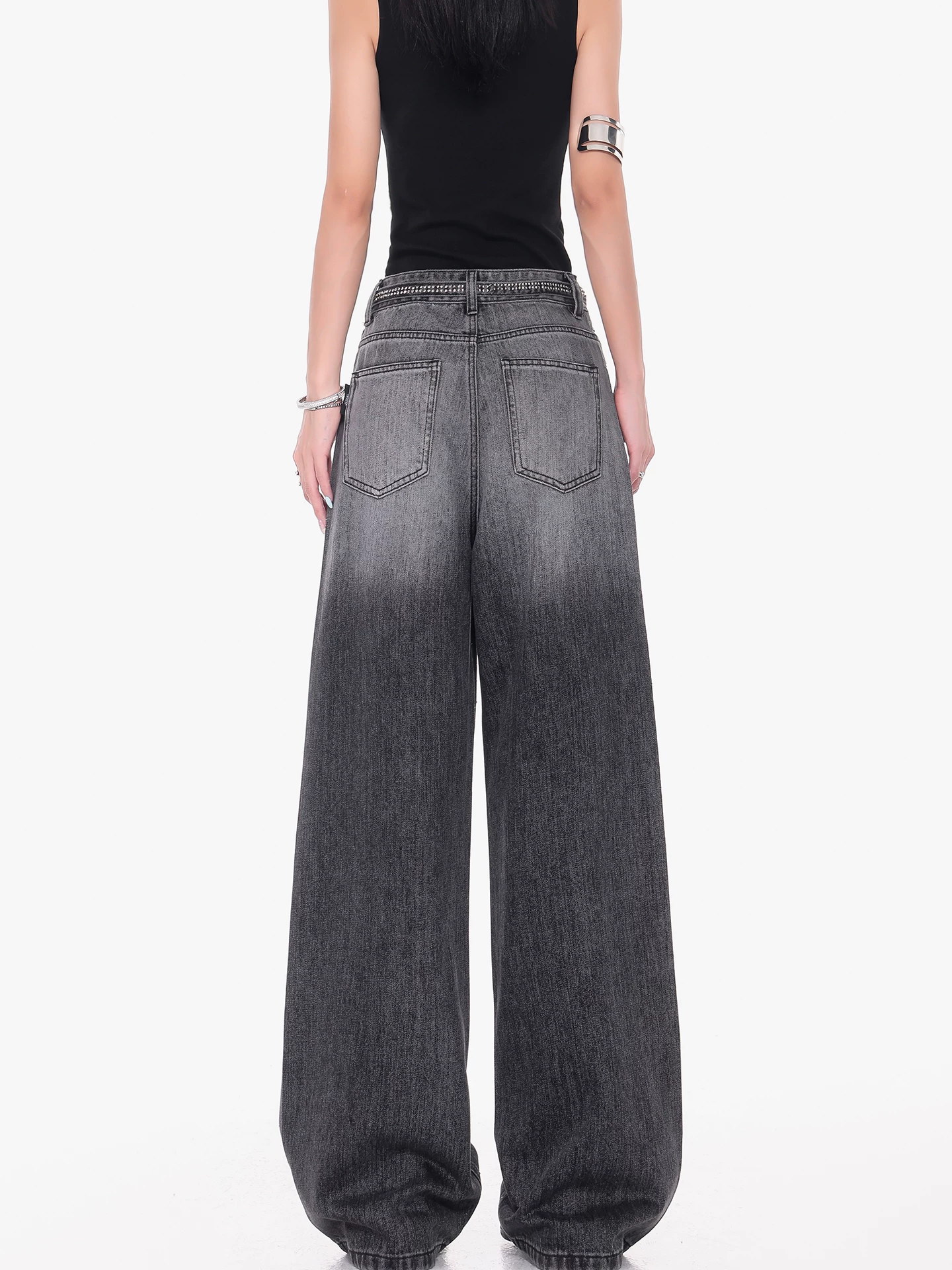 KEN STUDIO Quần jean đính đá đen phong cách đường phố cao cấp của Mỹ dành cho nữ, quần dài dáng rộng dáng rộng mới mùa hè giúp giảm béo