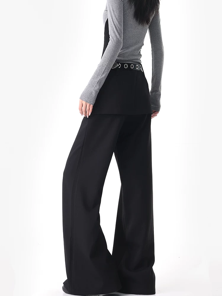 KEN STUDIO Quần dài giả hai mảnh màu đen mùa thu mới dành cho nữ, quần dáng rộng và đa năng, quần dài đến sàn