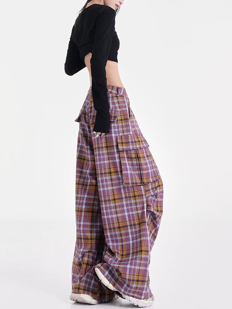 KEN STUDIO Thu Đông Mới Mỹ Retro Kẻ Sọc Quần Âu Nữ Thiết Kế Khối Màu Quần Cargo Quần Dù