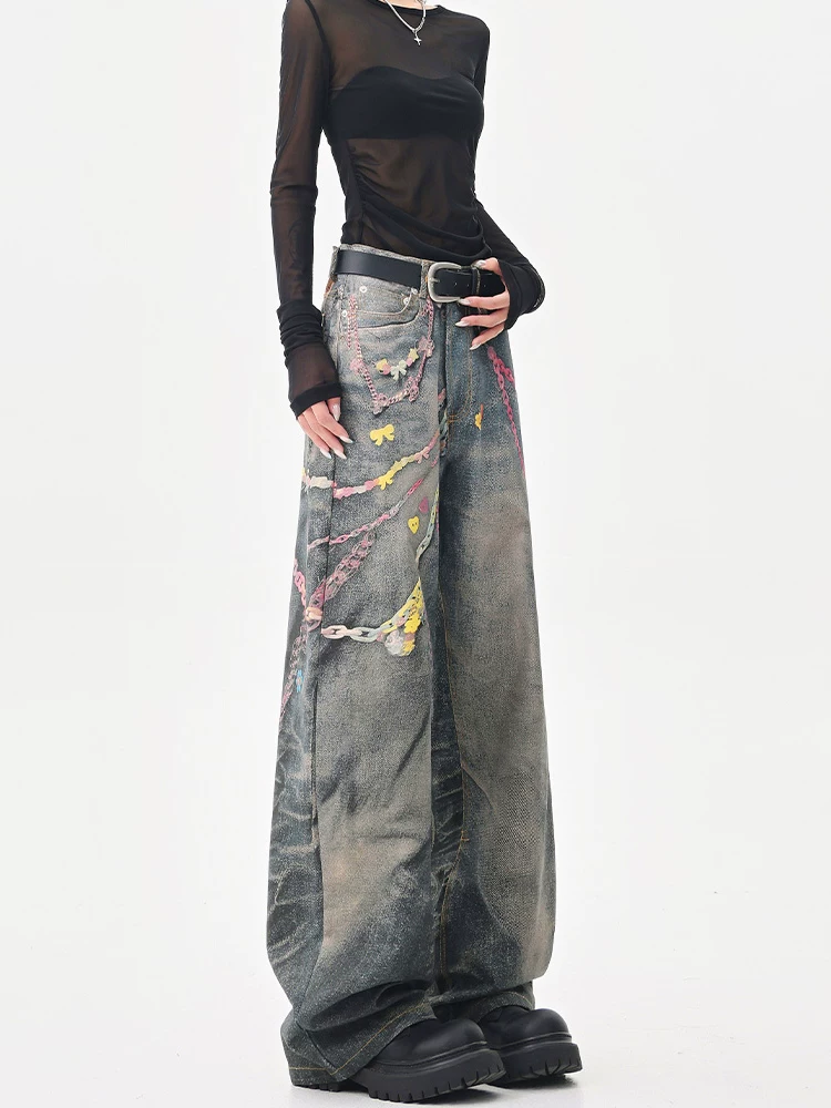 KEN STUDIO quần jean in họa tiết kẹo cổ điển kiểu Mỹ mùa hè mới dành cho nữ quần ống rộng dáng rộng