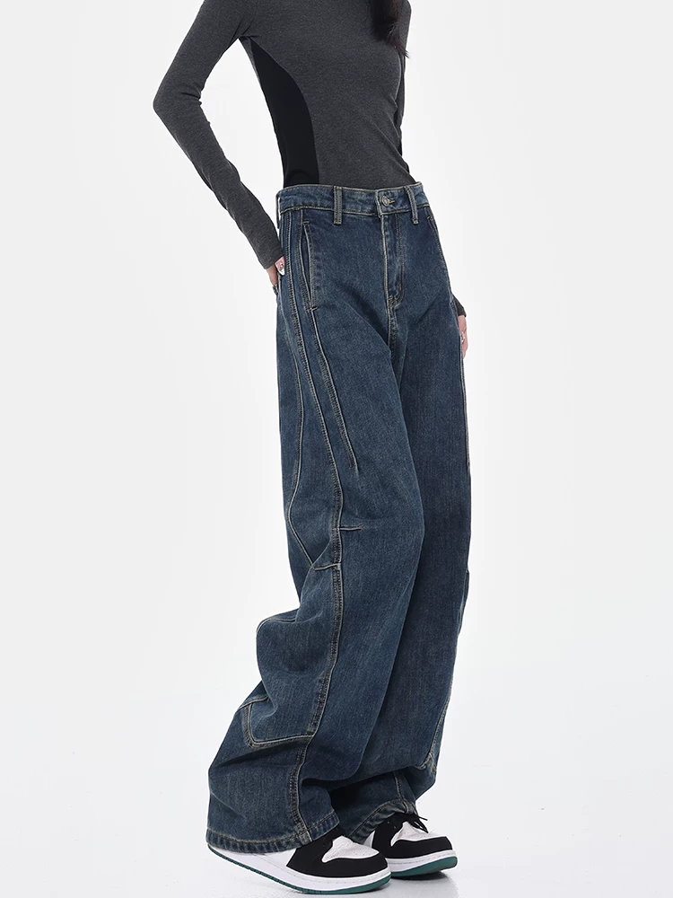 KEN STUDIO quần jean thiết kế đường phố cao cấp lót lông cừu mùa thu đông dành cho nữ, quần chuối ống rộng, quần hình liềm