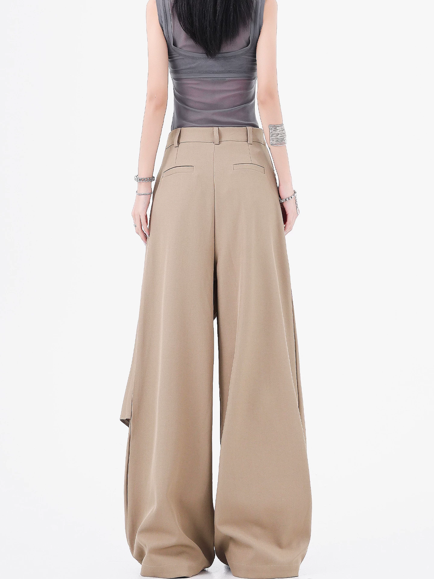 Quần vest chắp vá không đều kiểu dáng KEN STUDIO dành cho nữ, quần dài xếp ly dáng thẳng lưng cao mùa hè