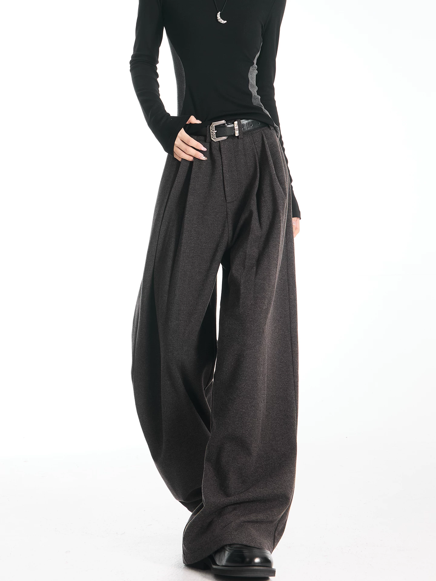 KEN STUDIO Quần tây ống rộng dày màu xám đậm thu đông mới dành cho nữ, quần ống rộng dáng rộng, quần ống thẳng