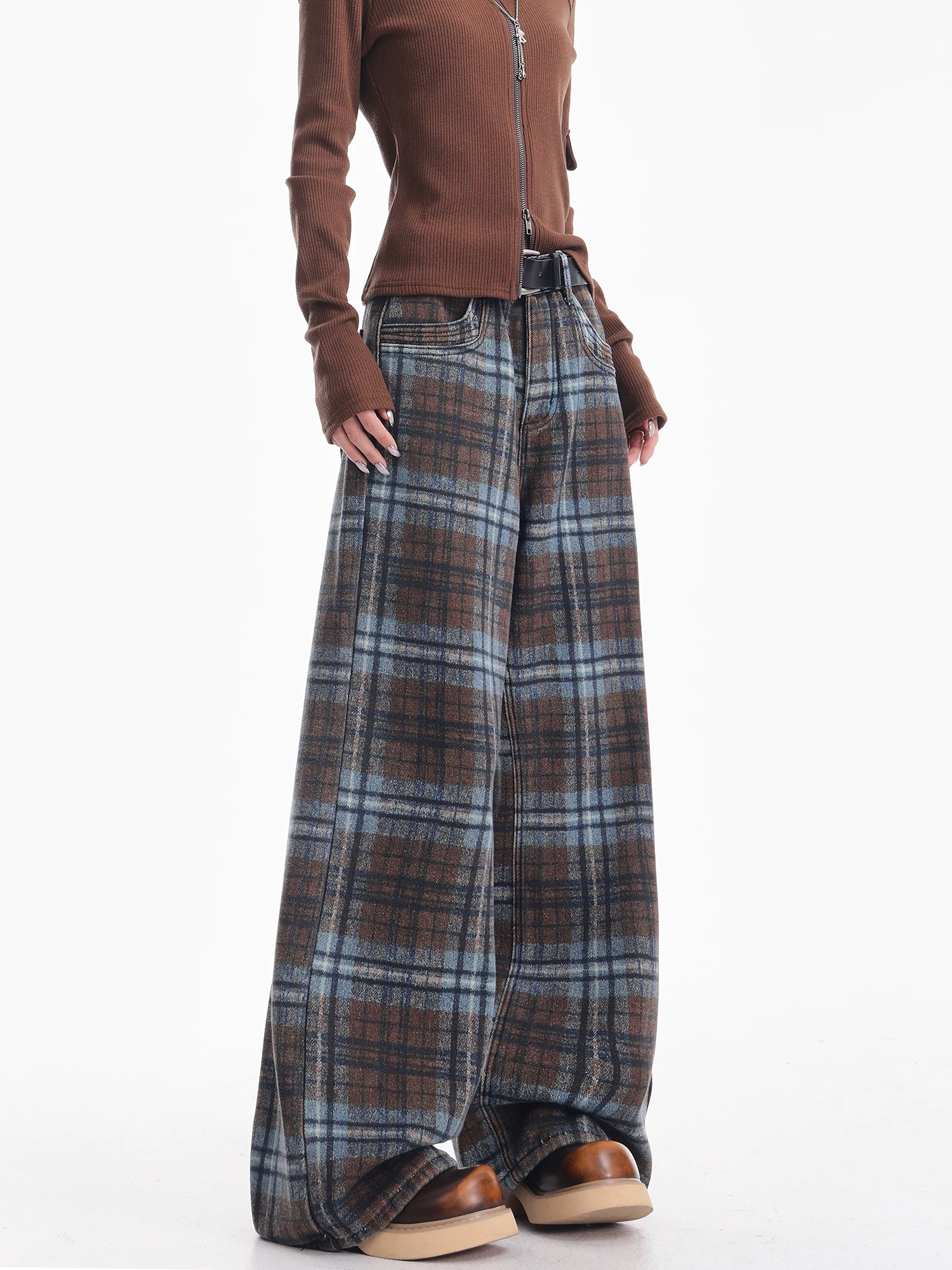 KEN STUDIO Quần jean kẻ sọc xanh mùa thu đông mới dành cho nữ, lót lông cừu, dày dặn, dáng rộng, giảm béo, quần ống rộng.