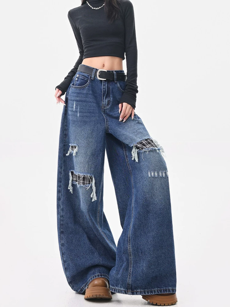 KEN STUDIO Quần jean kẻ sọc chắp vá kiểu Mỹ dành cho nữ, quần ống rộng thẳng lưng cao mới mùa hè và mùa thu.