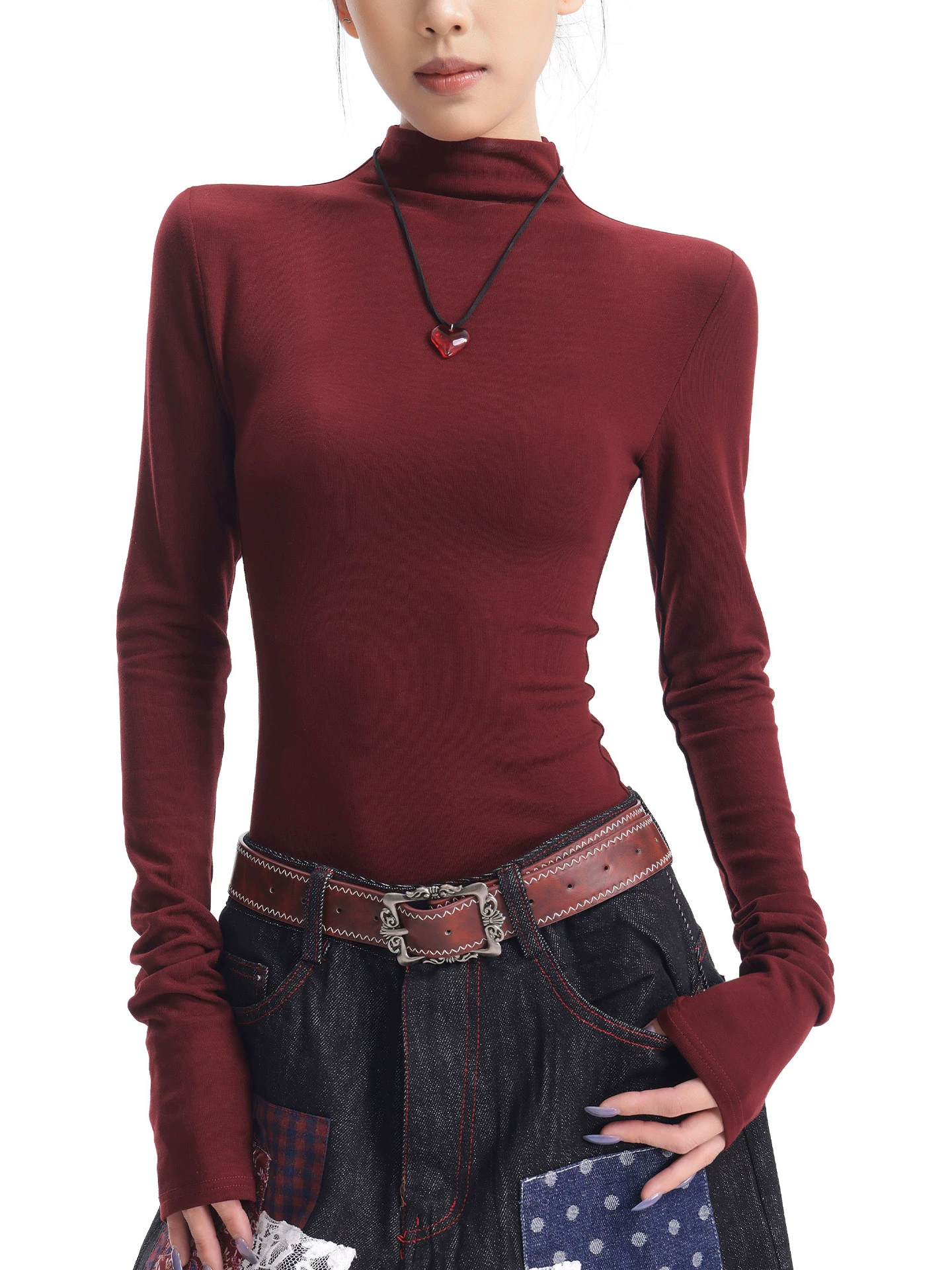 KEN STUDIO Áo thun dài tay dệt kim màu đỏ rượu vang mới thu đông dành cho nữ với cổ lọ nửa cao và kiểu dáng ôm sát bên trong áo sơ mi xếp lớp