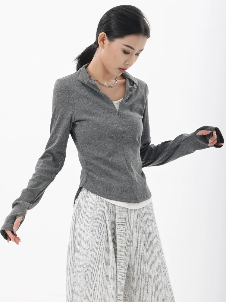 KEN STUDIO Xuân Thu Phong Cách Mới Giả Hai Mảnh Thiết Kế Độc Đáo Áo Thun Nữ Slim Fit Thể Thao Đế Áo Sơ Mi Hàng Đầu