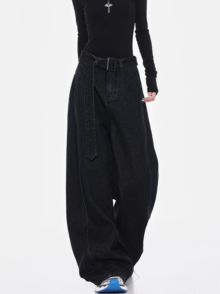 Quần jean đen lót lông cừu thu đông của KEN STUDIO dành cho nữ, cạp cao, kiểu cổ điển, dáng rộng, dáng suông, quần ống rộng, quần dài đến sàn