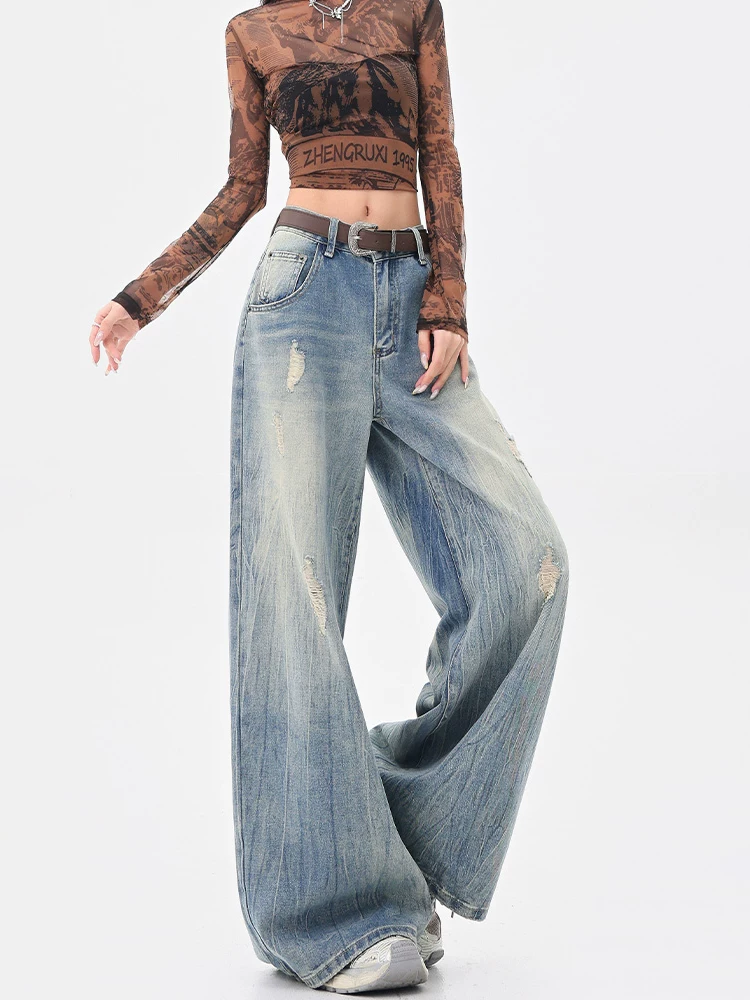 KEN STUDIO đầu mùa thu quần jean ống rộng rách kiểu Mỹ cổ điển mới dành cho nữ, quần ống đứng dáng suông giản dị