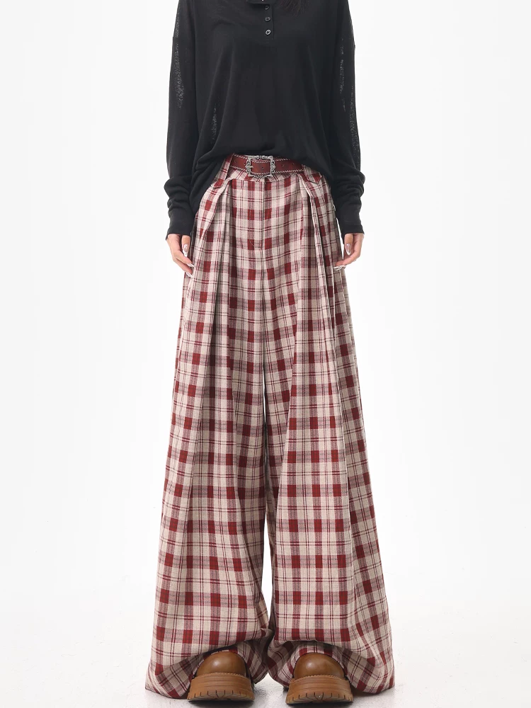 KEN STUDIO quần âu kẻ sọc đỏ cổ điển kiểu Mỹ dành cho nữ, thiết kế mùa hè và mùa thu, quần âu ống rộng lưng cao dáng thẳng