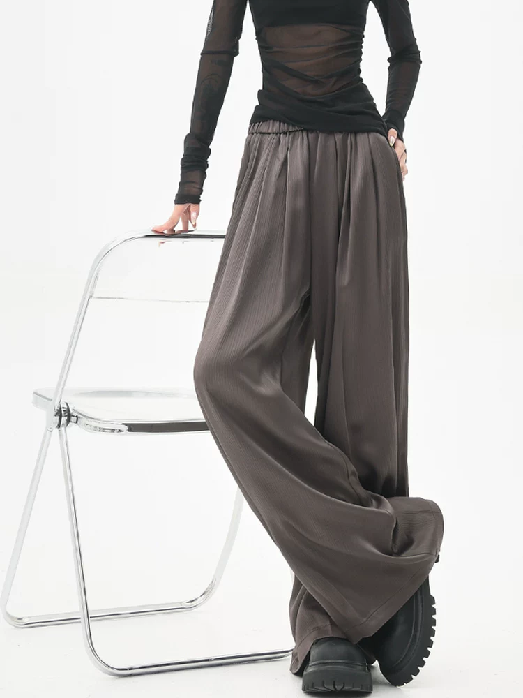 KEN STUDIO quần tây ống rộng xếp ly màu kaki mới mùa hè dành cho nữ, quần cạp cao, dáng rộng, quần rộng và tôn dáng