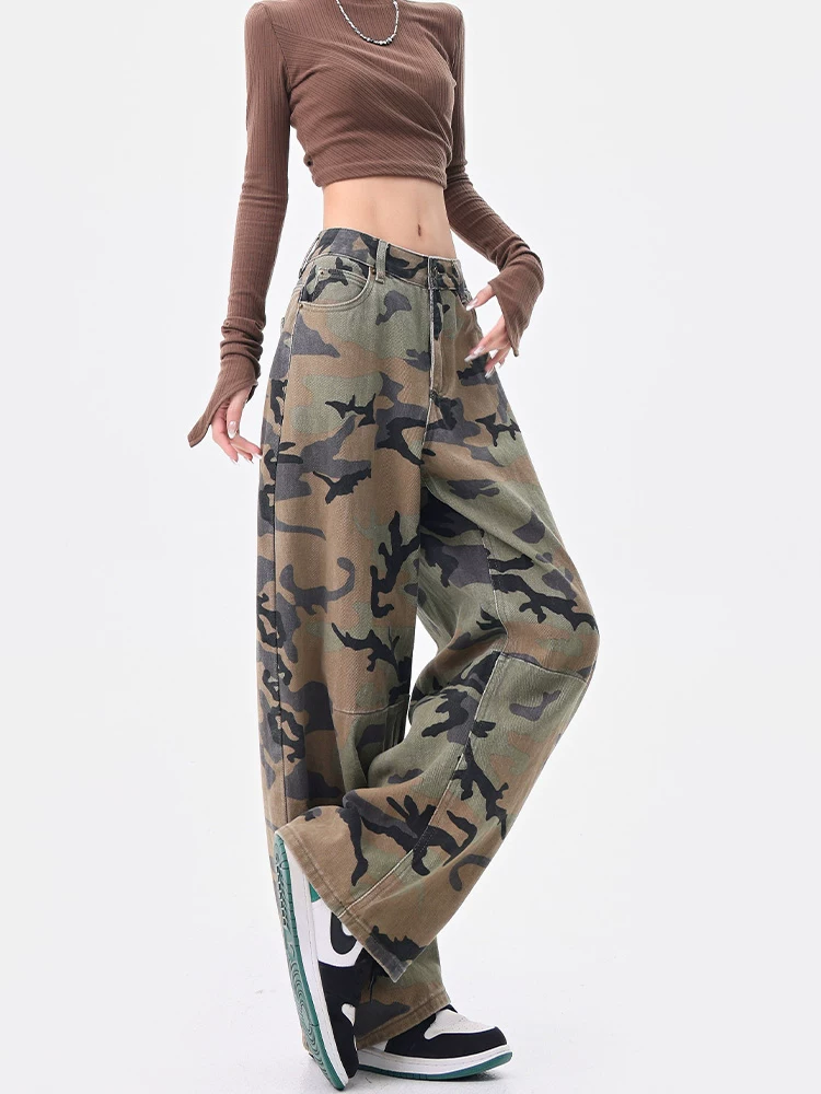 KEN STUDIO mùa hè và mùa thu mới của Mỹ quần jean ngụy trang cổ điển lưng cao dáng rộng quần ống rộng quần ống rộng quần scimitar