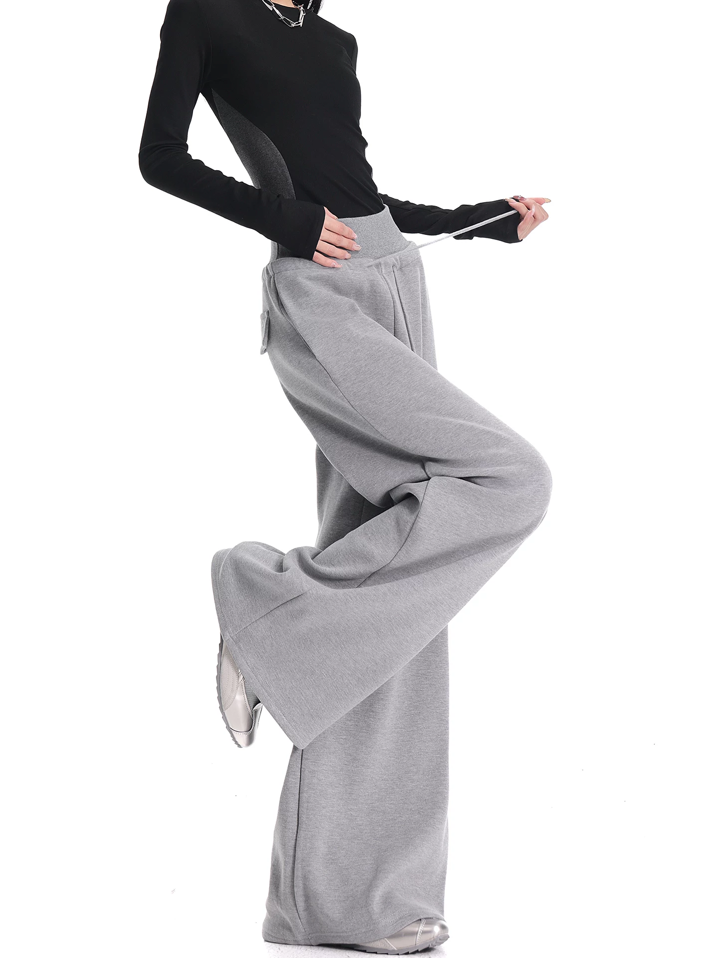 KEN STUDIO quần thể thao dáng rộng màu xám phong cách Mỹ mới dành cho nữ, có lót lông cừu, dày dặn, quần thể thao ống rộng