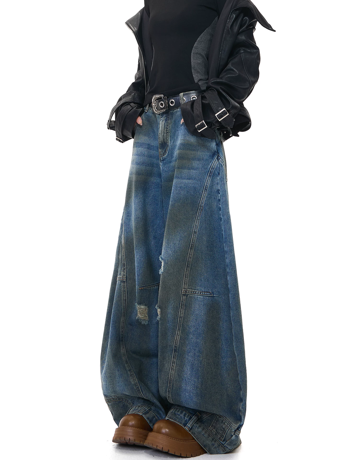 KEN STUDIO Quần jean kiểu cổ điển Mỹ kiểu cổ điển dành cho nữ, cạp cao, dáng rộng, ống rộng, quần bẩn, quần dài đến sàn