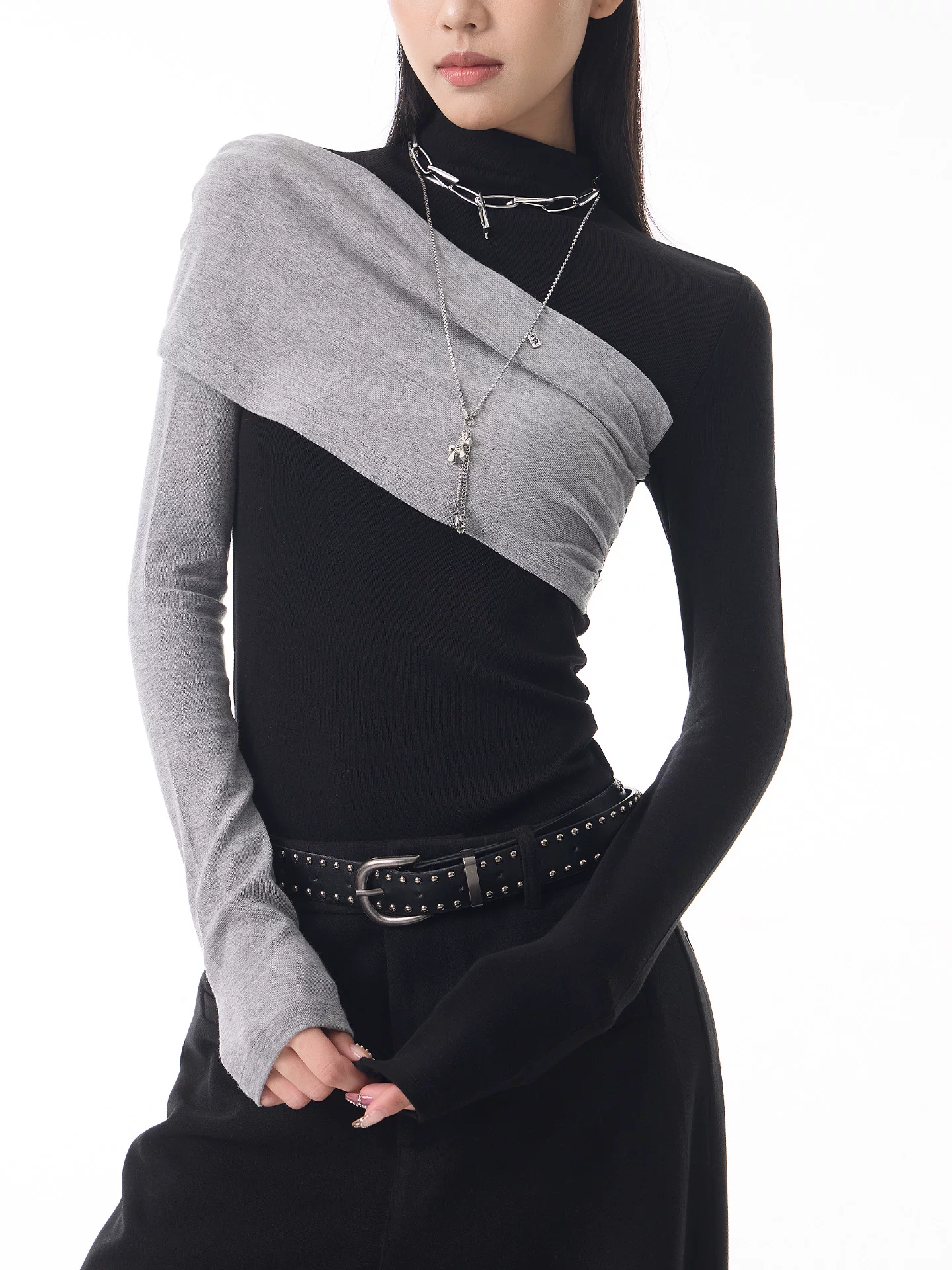 KEN STUDIO Xuân Thu Thiết kế mới Áo sơ mi cổ lọ nửa cổ màu khối dành cho nữ Áo dài tay ôm vừa vặn