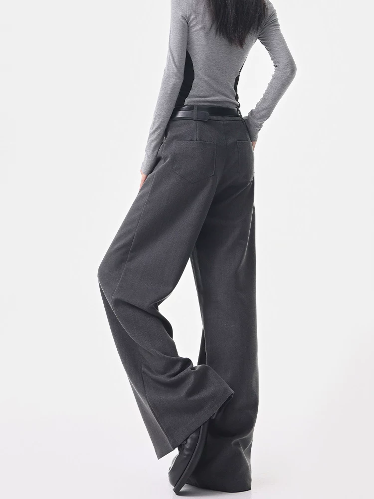 KEN STUDIO quần vest màu xám mới đầu thu dành cho nữ, quần ống rộng ống thẳng có một túi, quần thường ngày giúp thon gọn.