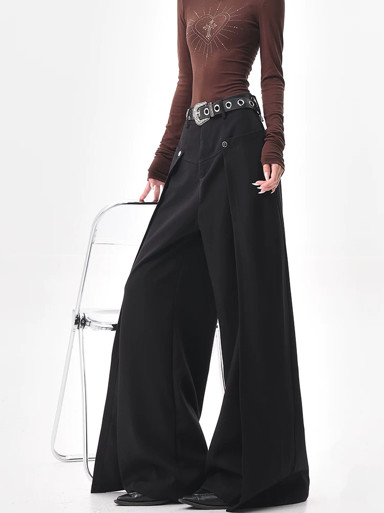 KEN STUDIO thiết kế mới mùa hè quần âu ống rộng màu đen dành cho nữ, quần dài lưng cao, dáng rộng và xếp nếp dài đến sàn