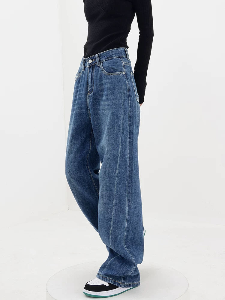 Quần jean ống đứng lưng cao màu xanh KEN STUDIO dành cho nữ, mùa thu đông, lót lông cừu, dáng rộng, giúp chân trông dài hơn, thon gọn hơn và cao hơn.