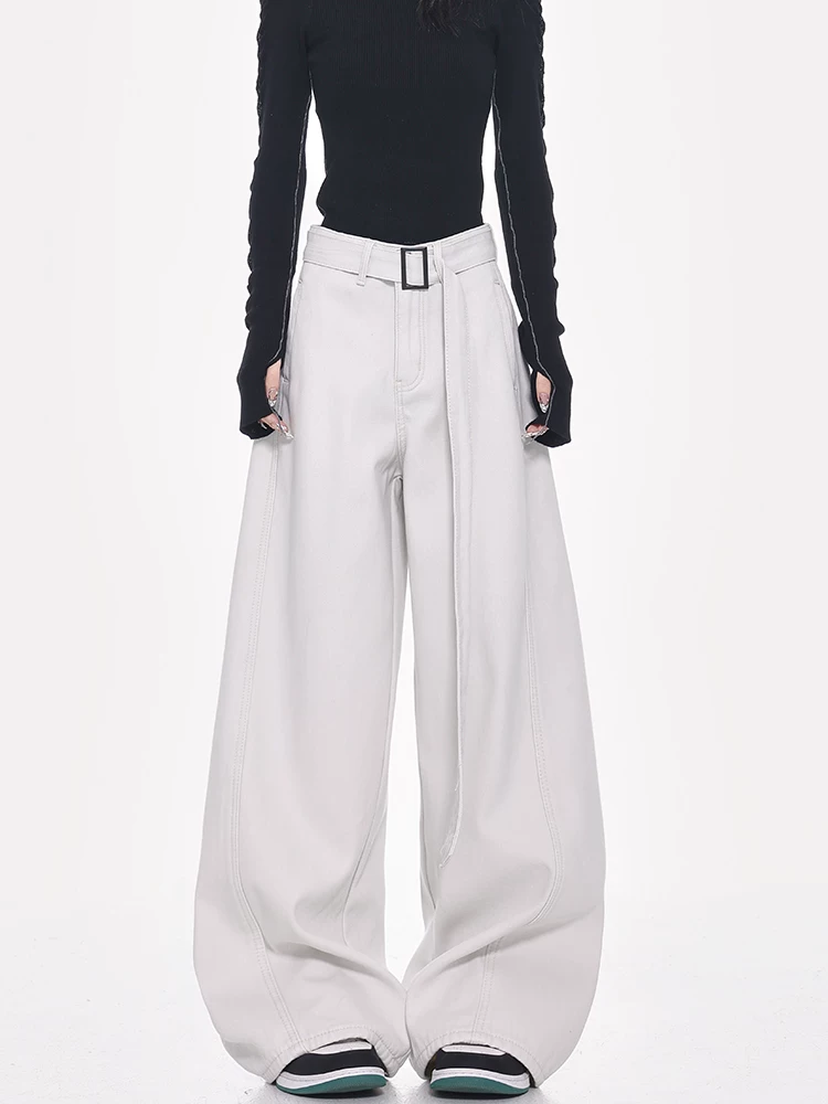 Quần jeans ống đứng thiết kế thắt lưng trắng kiểu mới Xuân Thu của KEN STUDIO dành cho nữ, cạp cao, dáng rộng, tôn dáng