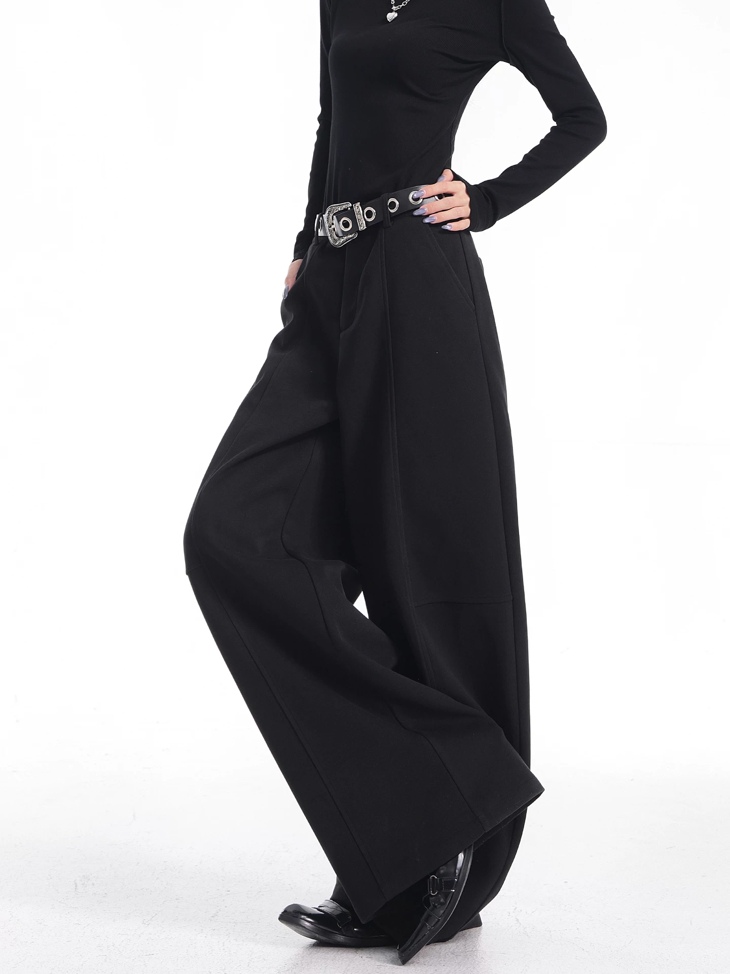 KEN STUDIO Quần tây ống rộng len đen thu đông mới dành cho nữ, dáng rộng, thon gọn, quần dài dày dặn