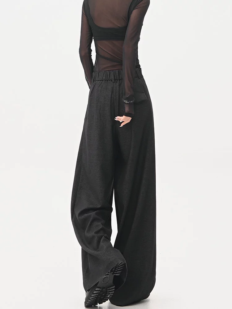KEN STUDIO quần tây ống rộng màu đen mới mùa hè dành cho nữ, lưng quần bán co giãn, quần ống rộng dài đến sàn, quần tây.