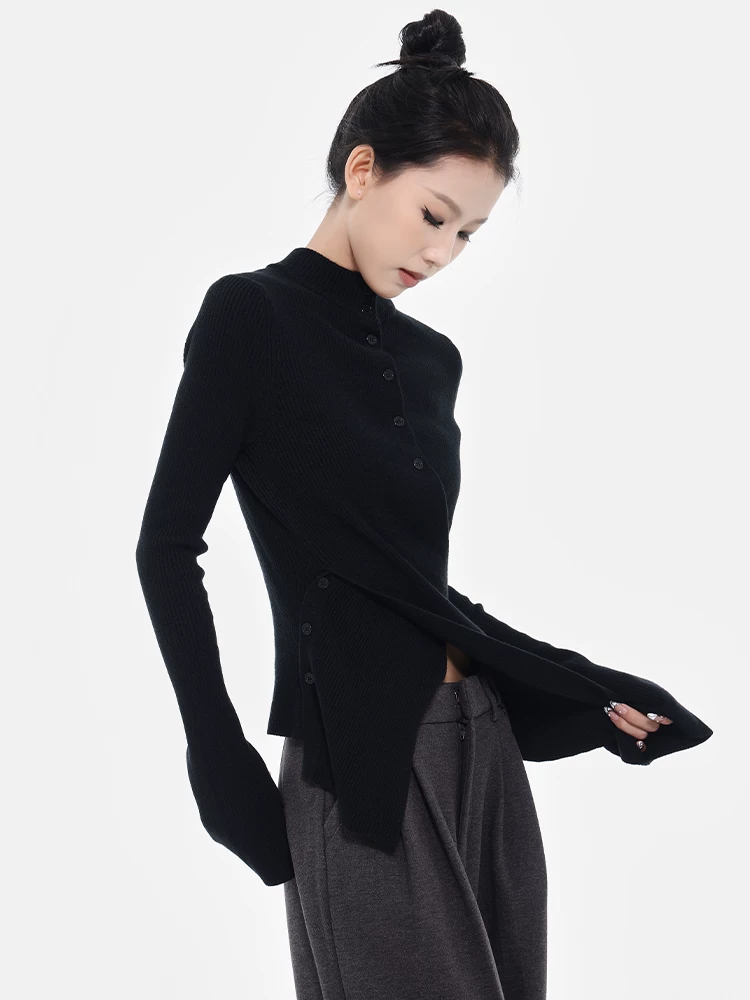 KEN STUDIO Áo dệt kim dáng ôm cổ cao nửa cổ màu đen mới thu đông dành cho nữ với thiết kế bất đối xứng