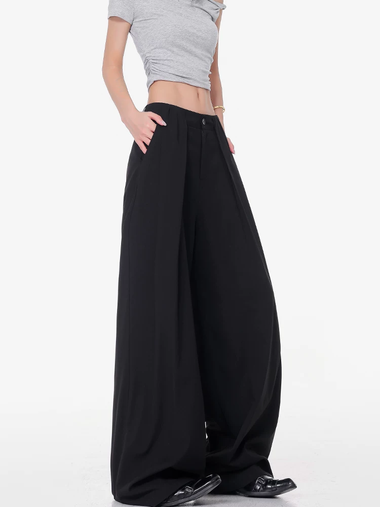 KEN STUDIO mùa hè mới quần âu màu đen giản dị dành cho nữ với thiết kế xếp ly quần âu ống rộng thẳng