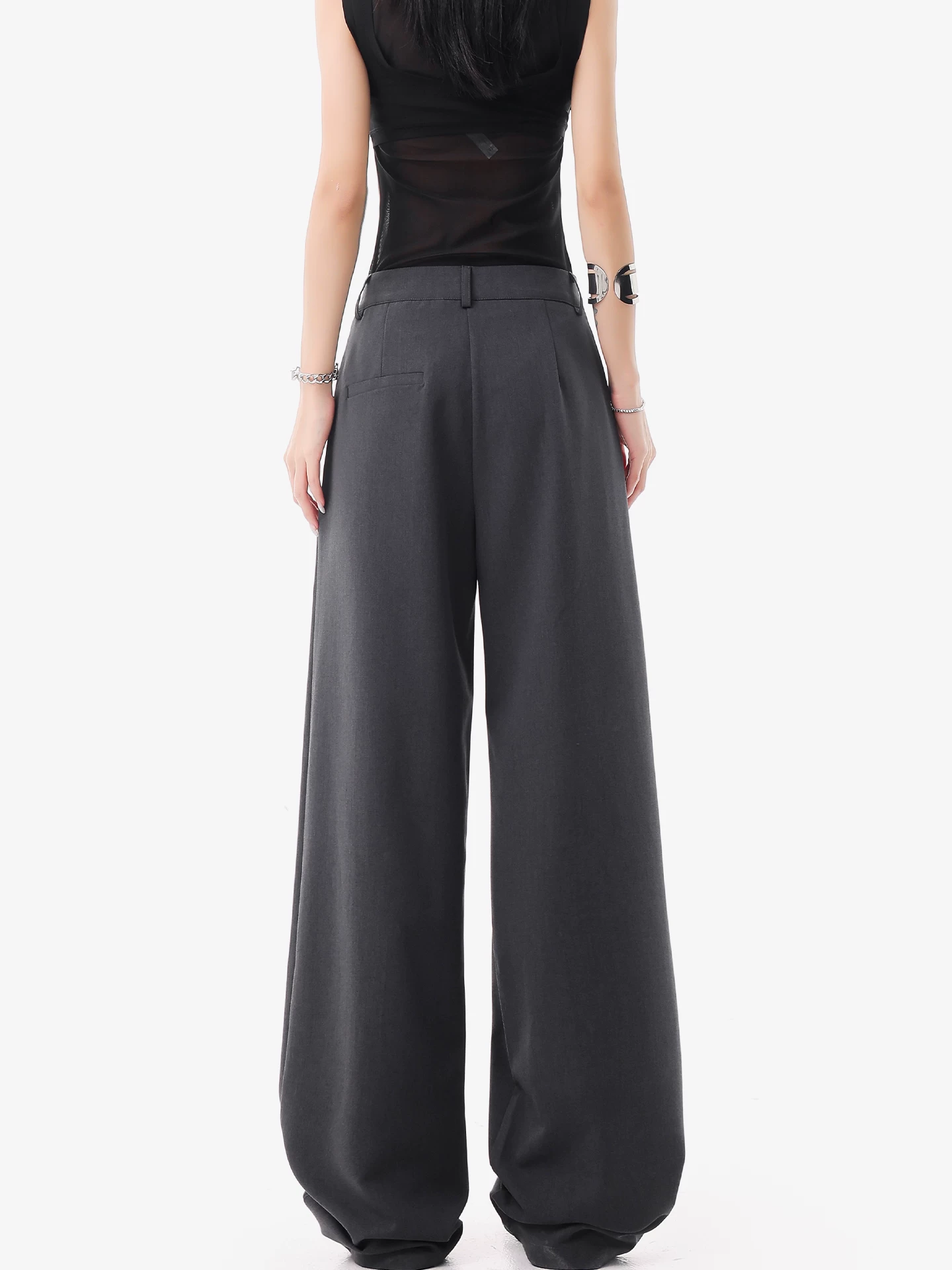 KEN STUDIO quần âu thường ngày màu xám mới mùa hè dành cho nữ, thiết kế thon gọn và che phủ cơ thể, quần ống rộng, quần công sở