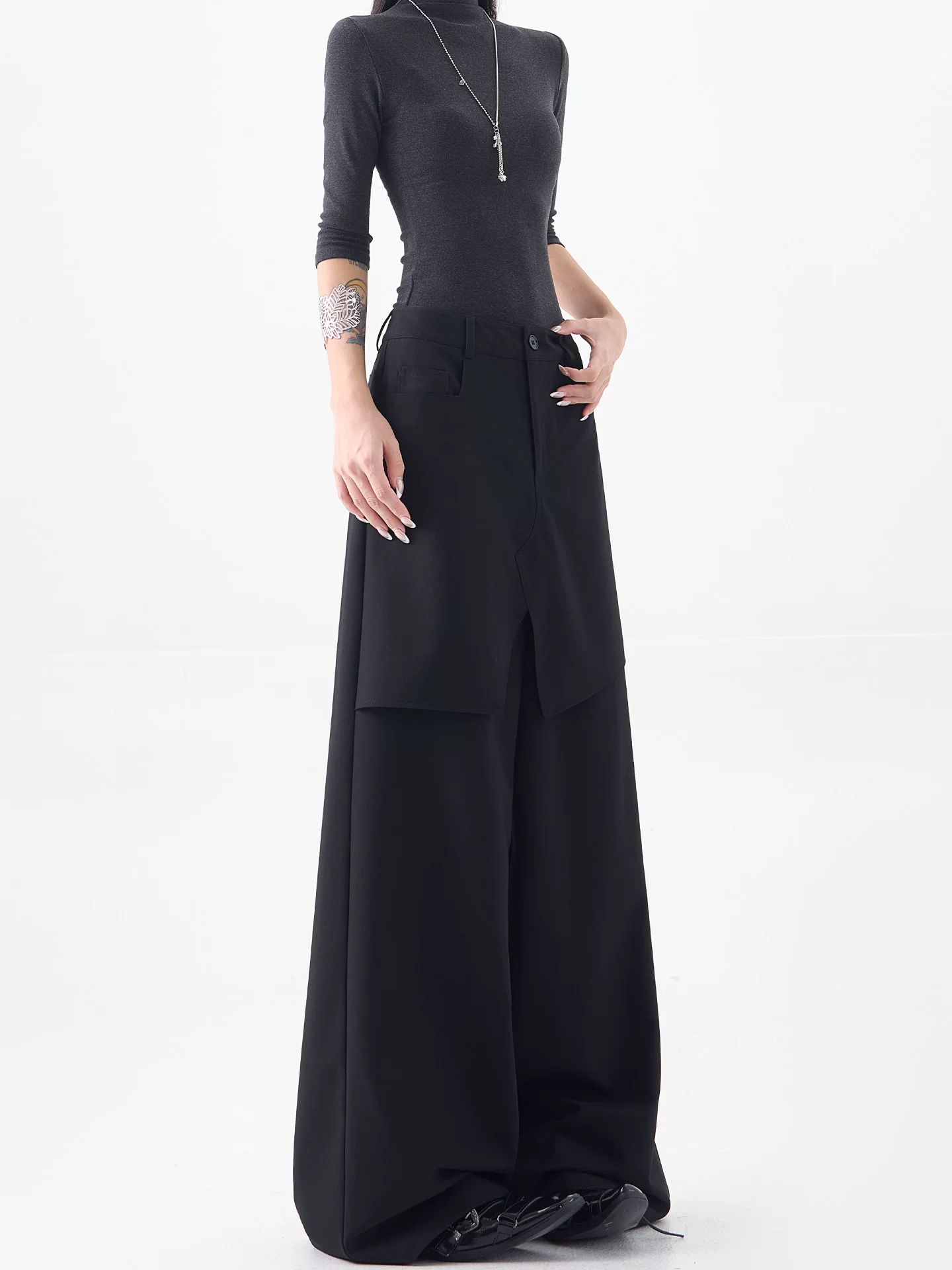 Quần tây ống rộng thiết kế chắp vá màu đen của KEN STUDIO dành cho nữ, quần dài ống đứng dáng rộng, dáng suông, dài đến sàn