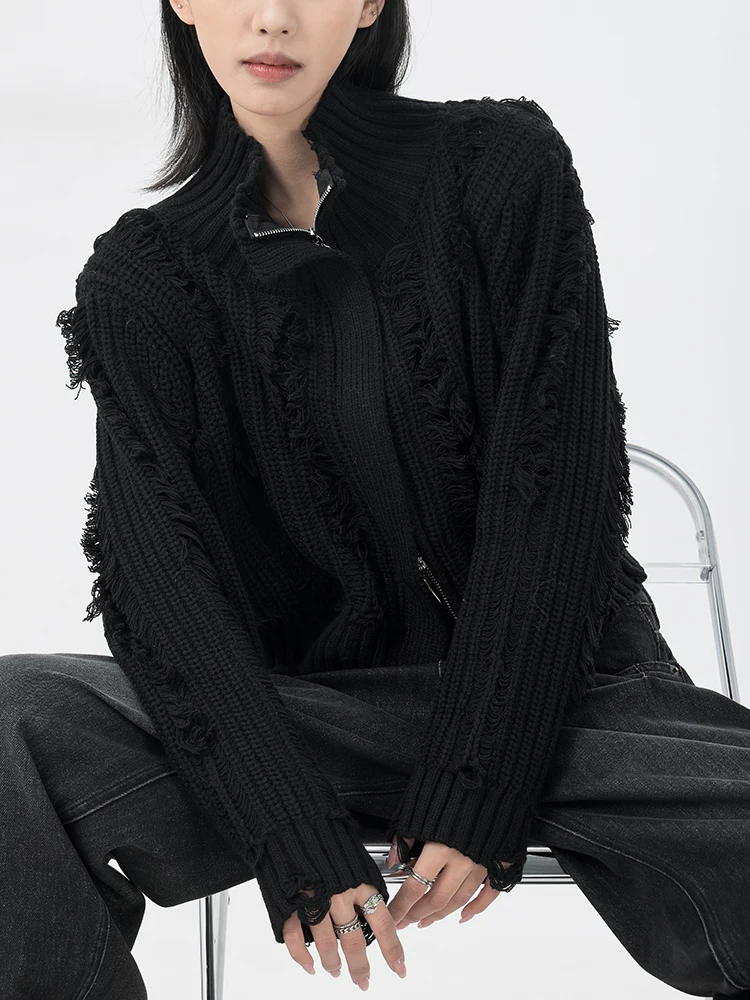 KEN STUDIO mới mùa thu đông áo len đen nữ nửa cổ cao rách áo khoác ngắn có khóa kéo áo dệt kim