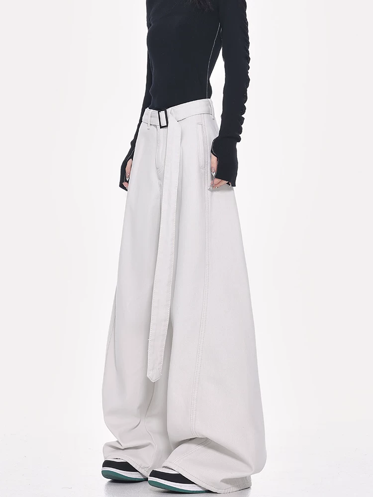 Quần jeans ống đứng thiết kế thắt lưng trắng kiểu mới Xuân Thu của KEN STUDIO dành cho nữ, cạp cao, dáng rộng, tôn dáng