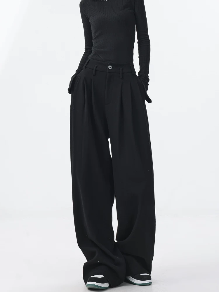 KEN STUDIO2025 Xuân Thu Mới Quần Âu Màu Đen Nữ Xếp Ly Thiết Kế Rộng Quần Ống Rộng Quần Dài