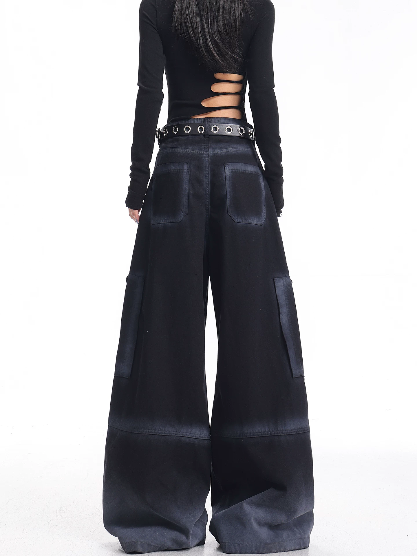 KEN STUDIO Quần ống rộng màu đen phong cách Mỹ mới thu đông dành cho nữ với thiết kế chuyển màu Quần dài đa năng