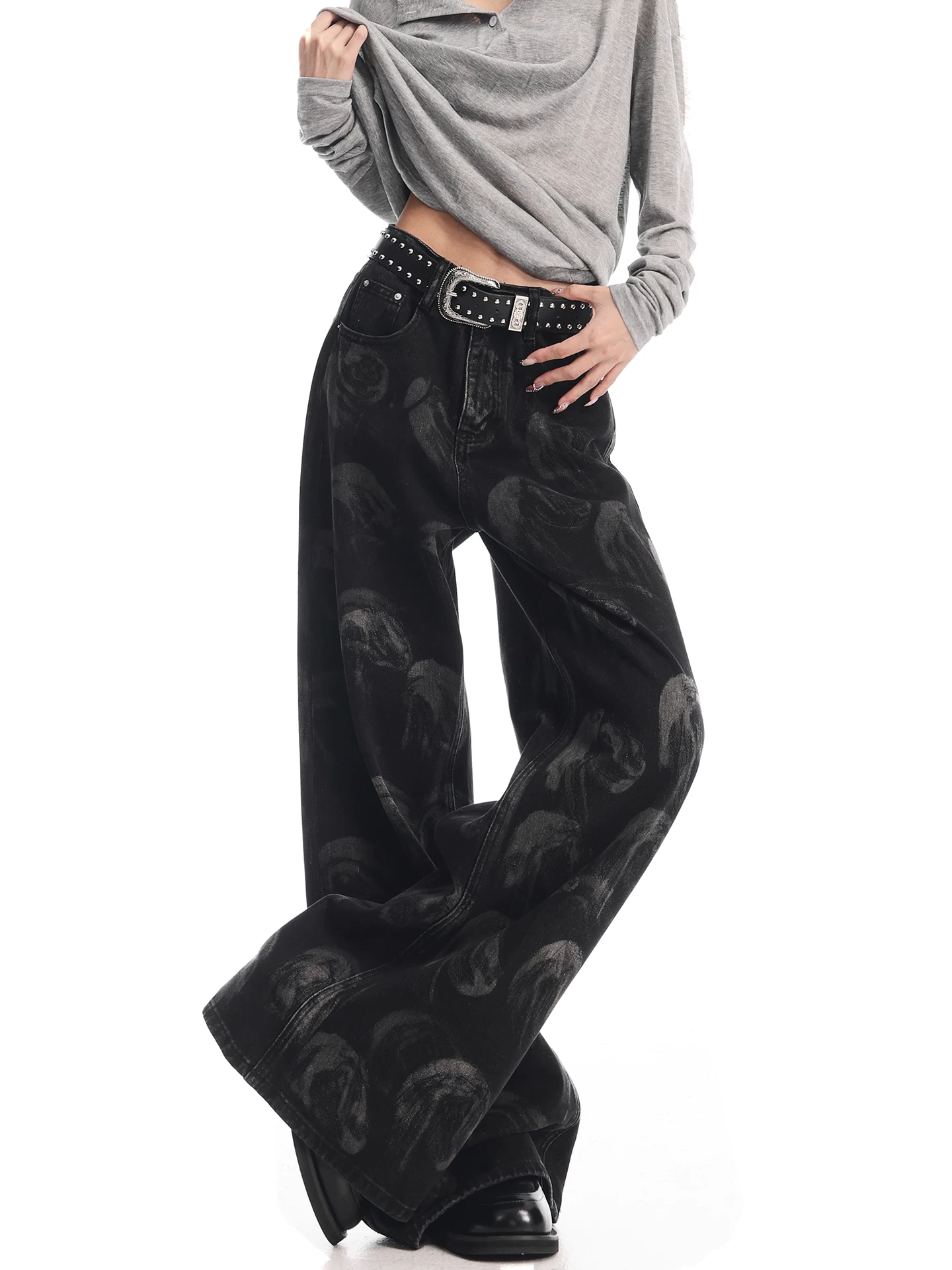 KEN STUDIO quần jean in họa tiết cổ điển mới của Mỹ mùa thu đông dành cho nữ, quần ống rộng cạp cao, quần dài đến sàn