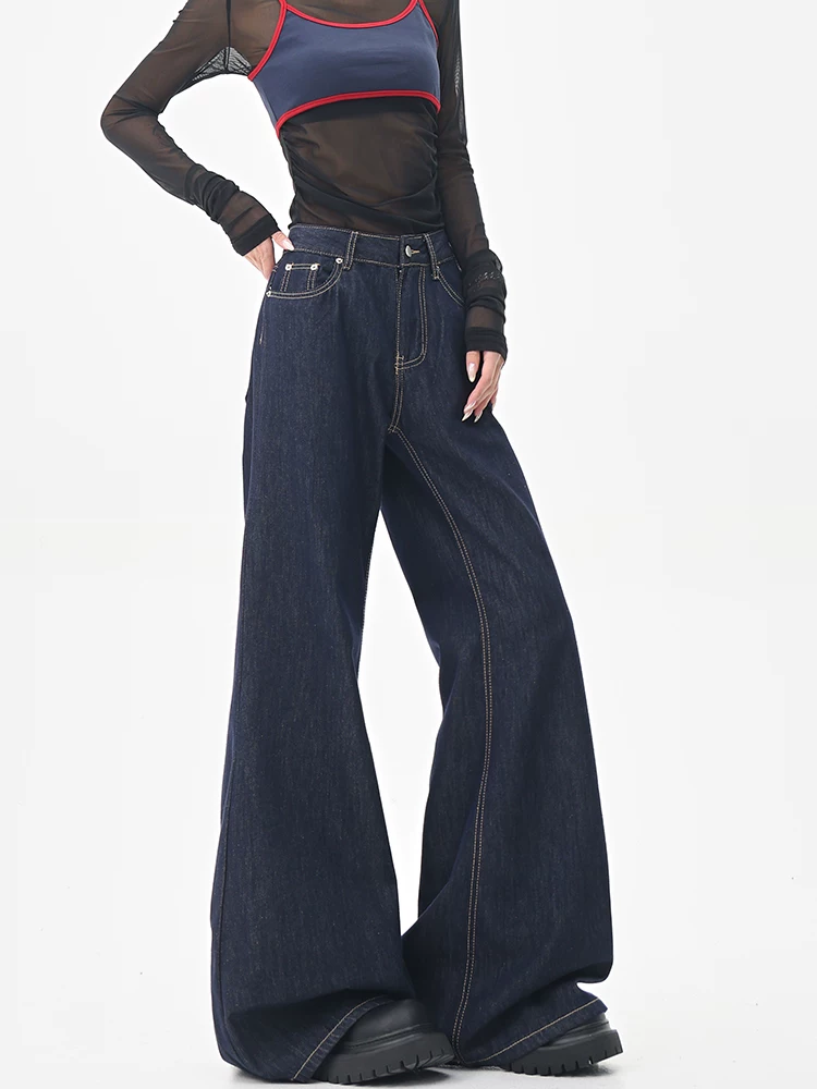 KEN STUDIO Quần jean ống rộng màu xanh đậm theo phong cách retro của Mỹ dành cho nữ, quần ống rộng cạp cao kiểu dáng mùa hè mới, quần ống rộng dáng thẳng