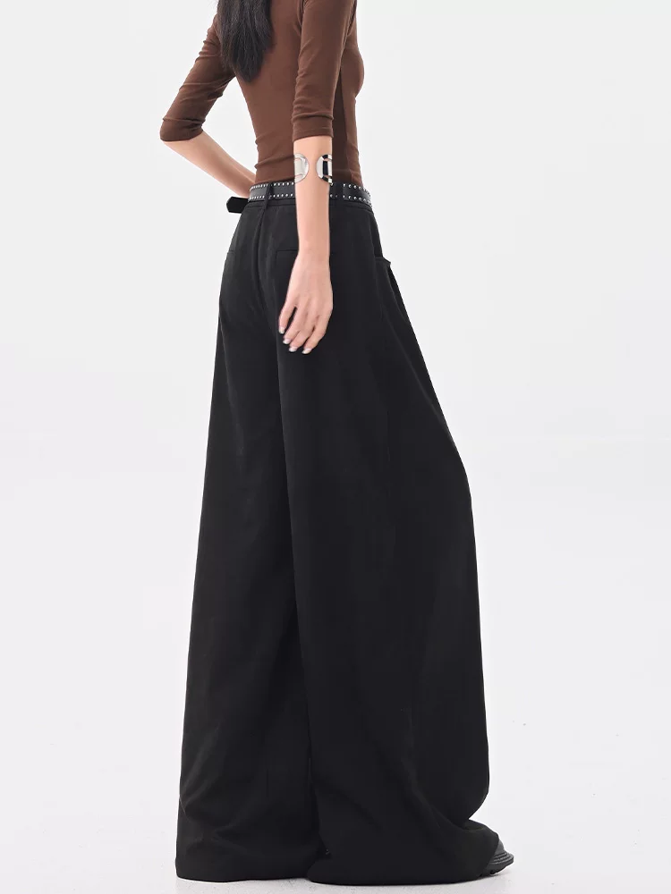 KEN STUDIO mùa thu đông mới quần tây ống rộng da lộn màu đen quần tây nữ thông thường đa năng quần ống đứng quần tây