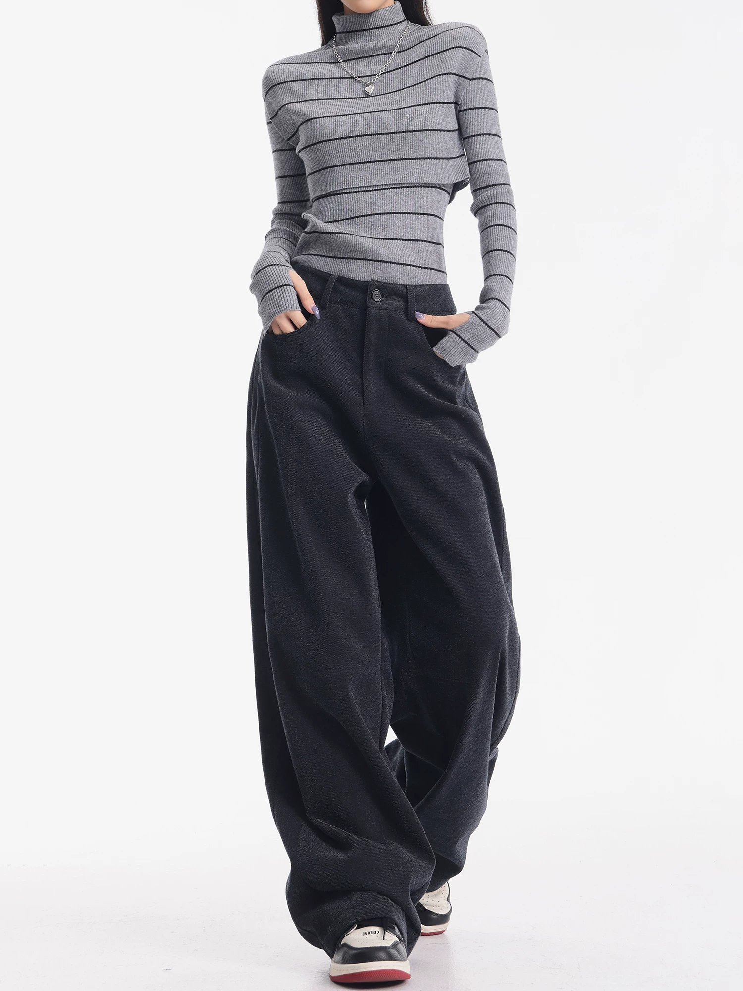 KEN STUDIO Quần thường ngày dày dặn có lót lông màu xám họa tiết hoa mùa thu đông dành cho nữ, quần ống rộng dài đến sàn, cạp cao, tôn dáng.